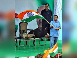 New Delhi, Aug 08 (ANI): Delhi Chief Minister Arvind Kejriwal waves a tricolour ...