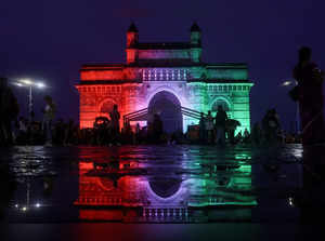 The Gateway of India is lit in the colours of the Indian national flag ahead of its 75th Independence Day in Mumbai