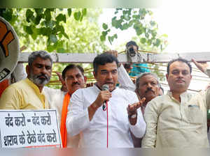 New Delhi, July 27 (ANI): BJP MP Parvesh Verma addressing during a protest over ...