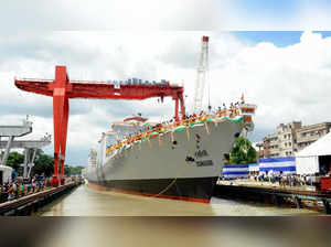 Dunagiri, the second P17A stealth frigate built by warship maker Garden Reach Shipbuilders And Engineers Ltd. (GRSE) launch by Defence Minister Rajnath Singh, in Kolkata on Friday, July 15, 2022. (Photo: Kuntal Chakrabarty/IANS)