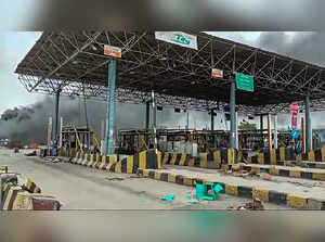 Sasaram: A toll plaza after it was vandalised by people protesting against Centr...