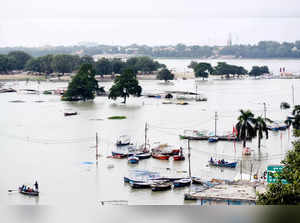 A view of the flooded Ganga and Yamuna rivers following...