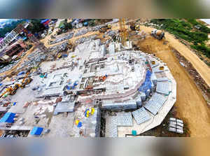Ayodhya, Aug 27 (ANI): An aerial view of construction site of the proposed 'Garb...