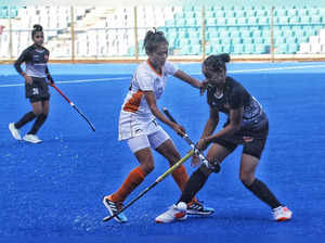 Delhi:Players in action during the opening match of Women's Hockey League (U16) phase 1 at Major Dhyan Chand Stadium in New Delhi on Tuesday August 16, 2022(Photo: Wasim Sarvar/IANS)