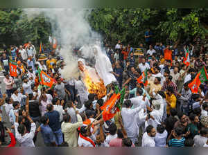 New Delhi: Delhi BJP workers burn effigies of Delhi CM Arvind Kejriwal and Deput...