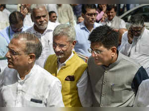 New Delhi: Union Ministers S Jaishankar and Piyush Goyal with other MPs leave af...
