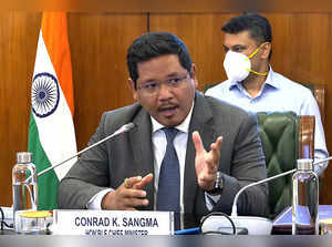 New Delhi, Mar 29 (ANI): Meghalaya Chief Minister Conrad K Sangma speaks during ...