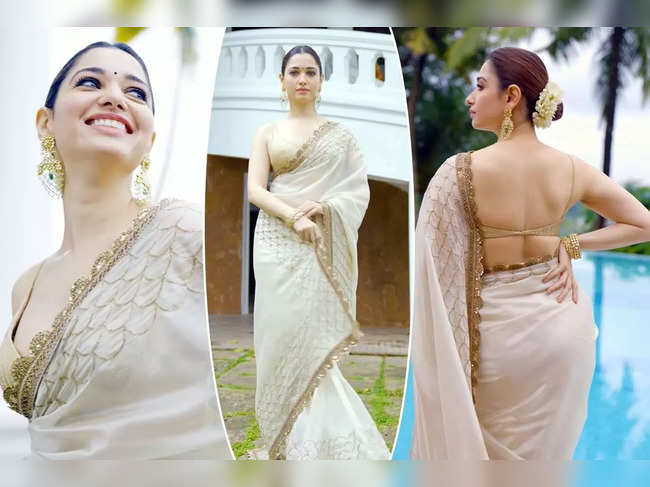 Tamannaah Bhatia looks elegant in beautiful ivory organza saree.