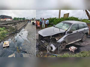 Palghar, Sept 04 (ANI): A Combo picture shows the wrecked remains of a vehicle a...
