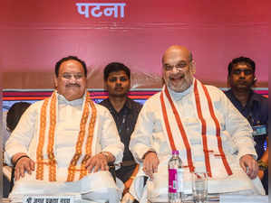 Union Home Minister Amit Shah and BJP National President J.P. Nadda durin...