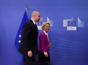 European Commission President Ursula von der Leyen welcomes Ukrainian Prime Minister Denys Shmyhal at the European Commission in Brussels
