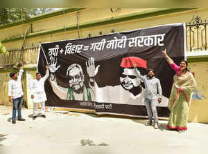 Lucknow: A banner of Bihar Chief Minister Nitish Kumar and Samajwadi Party (SP) ...
