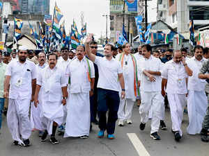 Thiruvananthapuram: Congress leader Rahul Gandhi with party leaders waves at sup...