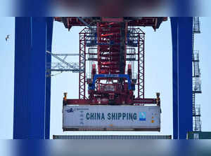 FILE PHOTO: A container of China Shipping is loaded at a loading terminal in the port of Hamburg