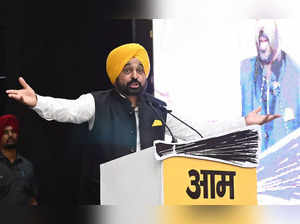 Mandi: Punjab Chief Minister Bhagwant Mann speaks during a public meeting, in Ma...