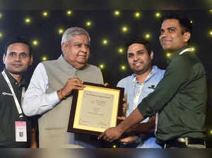 New Delhi: Vice President Jagdeep Dhankhar presents an award to Chaayos during t...