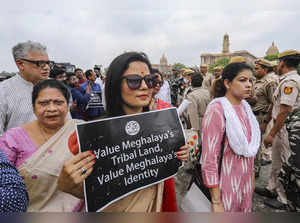 New Delhi:  Mahua Moitra (holding placard) and other TMC MPs during a protest ma...