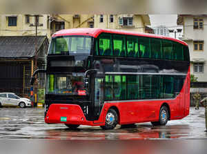 Mumbai: An electric double-decker bus, to be inducted by BEST, at Colaba in Mumb...
