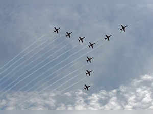 Bhubaneswar: IAF's Surya Kiran team fly Hawk aircrafts in a formation during reh...