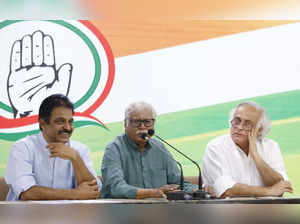 New Delhi:  Congress leaders Madhusudan Mistry, KC Venugopal and Jairam Ramesh d...