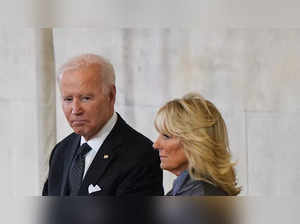 US President Joe Biden and First Lady Jill Biden view the coffin of Queen Elizabeth II lying in state on the catafalque in Westminster Hall, AP