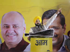 Palampur: Punjab CM and AAP leader Bhagwant Mann addresses during a public rally...