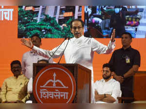 Mumbai: Shiv Sena President Uddhav Thackeray addresses a party rally at Goregaon...