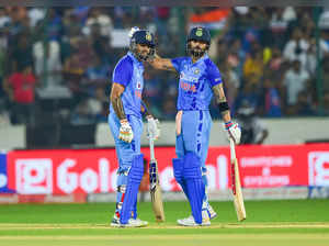 Hyderabad: Indian batters Suryakumar Yadav and Virat Kohli during the third T20 ...