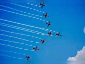 Guwahati: IAF’s Suryakiran aerobatic team performs during an air show, organised...
