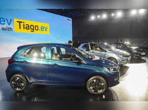 Mumbai: Tata Motors Tiago.ev during its launch, in Mumbai. Tiago.ev is Tata Moto...