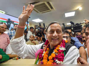 New Delhi: Senior Congress leader Shashi Tharoor reacts during filing of nominat...