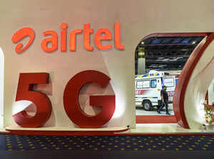 New Delhi: Logo of Airtel at a stall of company's 5G Connected ambulances during...