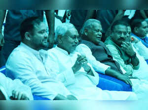 Patna: Bihar Chief Minister Nitish Kumar, Deputy CM Tejashwi Yadav and HAM Party chief Jitan Ram Manjhi during the swearing-in ceremony, at Raj Bhavan in Patna on Wednesday, Aug 10, 2022. (Photo: IANS)