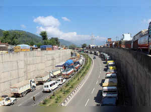Udhampur, Sept 27 (ANI): Hundreds of vehicles queued up as Jammu-Srinagar Nation...