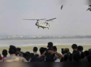Chandigarh: A Chinook helicopter during a rehearsal for the Indian Air Force Day...