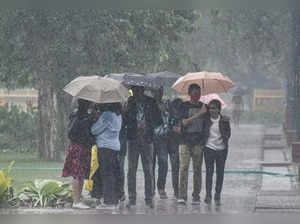 New Delhi: Pedestrians walk during rain, at Kartavya Path in New Delhi, Saturday...