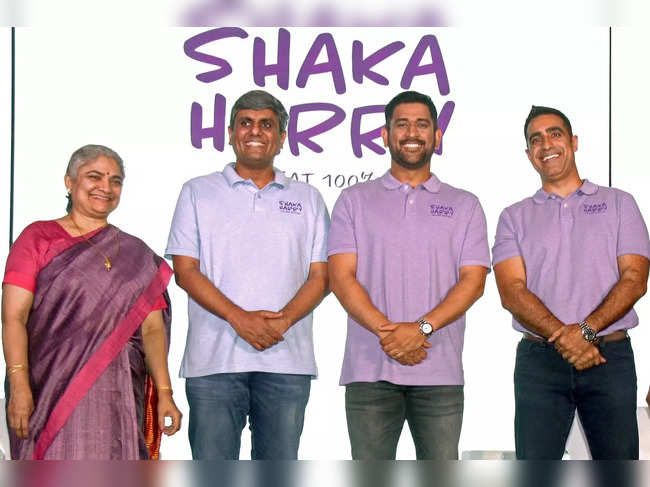 Bengaluru: Former Indian cricket captain MS Dhoni at the launch of  'Shaka Harry' India's smartest plant-based meat brand, in Bengaluru  on Tuesday, Oct. 11, 2022. (Photo: Dhananjay Yadav/IANS)