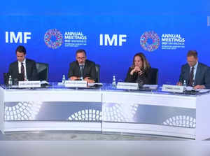 International Monetary Fund's chief economist Pierre-Olivier Gourinchas, second from left, and Daniel Leigh, the head of the World Economic Studies Division, right, at the news conference to release the World Economic Outlook report in Washington on Tuesday, October 11, 2022. (Photo Source: IMF)