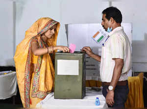 Jabalpur: A woman casts votes for the 2nd phase of the panchayat elections, in J...