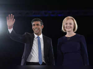 Liz Truss, right, and Rishi Sunak on stage after a Conservative leadership elect...