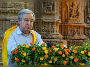 Mehsana: UN Secretary General AntÃ³nio Guterres addresses during his visit to Sun Temple at Modhera village in Mehsana District on Thursday, Oct. 20, 2022. (PHOTO: IANS/Siddharaj Solanki)
