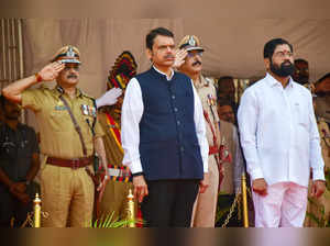 Mumbai: Maharashtra Chief Minister Eknath Shinde with Deputy Chief Minister Deve...