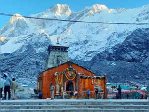 A view of the Kedarnath temple decorated with garland...