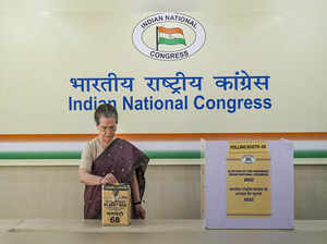 New Delhi: Congress interim President Sonia Gandhi casts her vote for the party'...