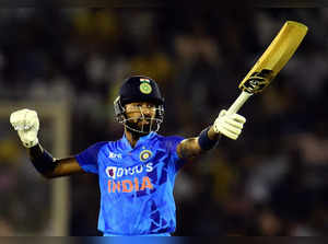 Mohali: Indian batsman Hardik Pandya celebrates his half century during the 1st ...