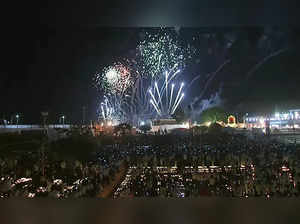 Ayodhya, Oct 23 (ANI): Crackers light up the skies of Ayodhya on the eve of Diwa...