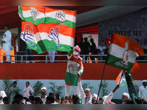 FILE PHOTO: A supporter waves a flag of India's main opposition Congress party at a massive rally organised by the party against inflation, at Ramlila Ground