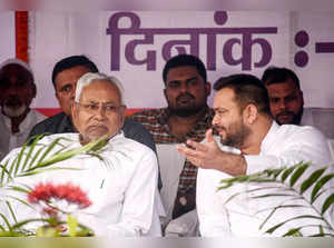 Patna: Bihar Chief Minister Nitish Kumar with Deputy Chief Minister Tejashwi Yad...
