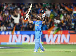 Melbourne, Oct 23 (ANI): India's Virat Kohli celebrates after beating Pakistan b...