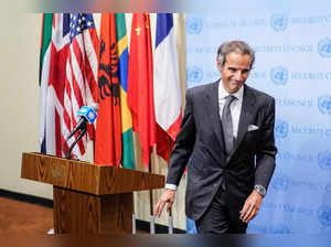 The Director General of the International Atomic Energy Agency (IAEA), Rafael Mariano Grossi exits the podium after giving his remarks to the media at the United Nations headquarters in New York